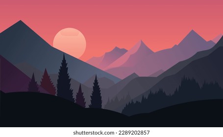Flat minimalistic design. Panorama of a mountain landscape. Easy to change colors.