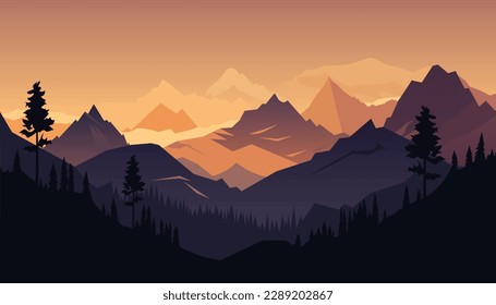 Flat minimalistic design. Panorama of a mountain landscape. Easy to change colors.