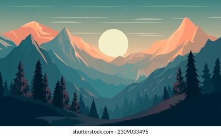 Diseño minimalista plano. Panorama de un paisaje montañoso. Fácil de cambiar de color.