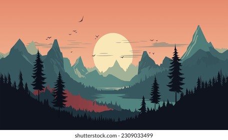 Flaches minimalistisches Design. Panorama einer Berglandschaft. Leicht zu ändern Farben.