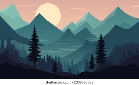 Flat minimalistic design. Panorama of a mountain landscape. Easy to change colors.