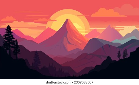 Flat minimalistic design. Panorama of a mountain landscape. Easy to change colors.