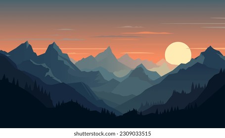 Flat minimalistic design. Panorama of a mountain landscape. Easy to change colors.