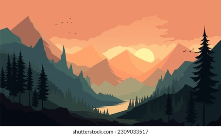 Flat minimalistic design. Panorama of a mountain landscape. Easy to change colors.