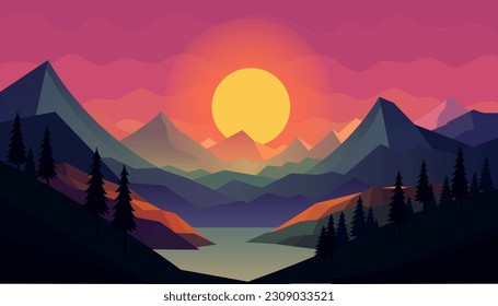 Flat minimalistic design. Panorama of a mountain landscape. Easy to change colors.