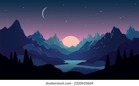 Flat minimalistic design. Panorama of a mountain landscape. Easy to change colors.