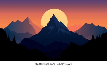 Flat minimalistic design. Panorama of a mountain landscape. Easy to change colors.