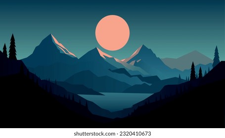 Flat minimalistic design. Panorama of a mountain landscape. Easy to change colors.