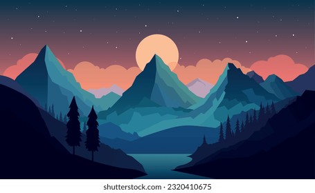 Flat minimalistic design. Panorama of a mountain landscape. Easy to change colors.