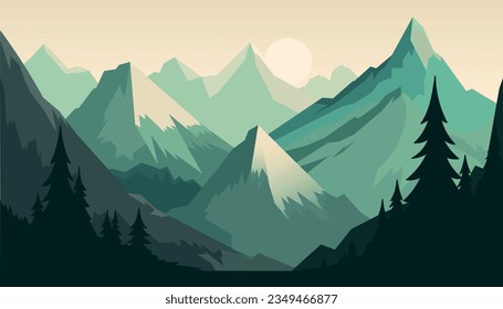 Flat minimalistic design. Panorama of a mountain landscape. Easy to change colors.