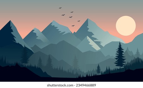 Flat minimalistic design. Panorama of a mountain landscape. Easy to change colors.