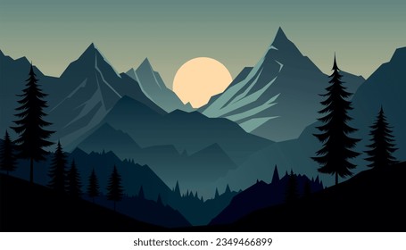 Flaches minimalistisches Design. Panorama einer Berglandschaft. Leicht zu ändern Farben.