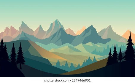 Flat minimalistic design. Panorama of a mountain landscape. Easy to change colors.