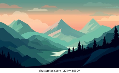 Flat minimalistic design. Panorama of a mountain landscape. Easy to change colors.