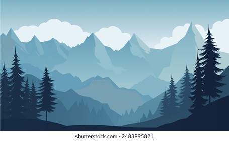 Flaches, minimalistisches Design. Panorama einer Berglandschaft. Einfach zu wechselnde Farben.