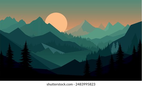 Flat minimalistic design. Panorama of a mountain landscape. Easy to change colors.