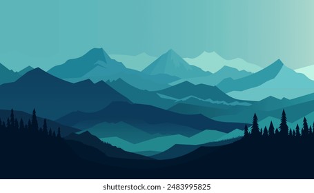Diseño plano minimalista. Panorama de un paisaje de montaña. Fácil de cambiar de color.