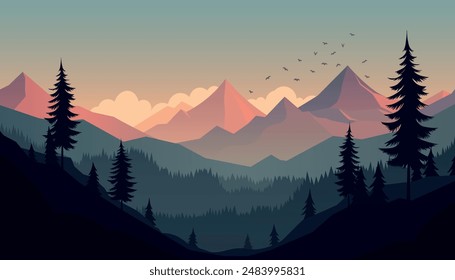 Flat minimalistic design. Panorama of a mountain landscape. Easy to change colors.