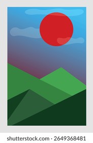 Design minimalista plano. Panorama de uma montanha com céu azul e sol. Fácil de mudar cores. ilustração vetorial 