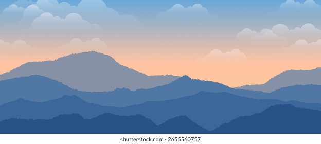 Diseño minimalista plano. Panorama de un paisaje de montaña. Fácil de cambiar los colores. fondo de la salida del sol. fondo de la puesta del sol.