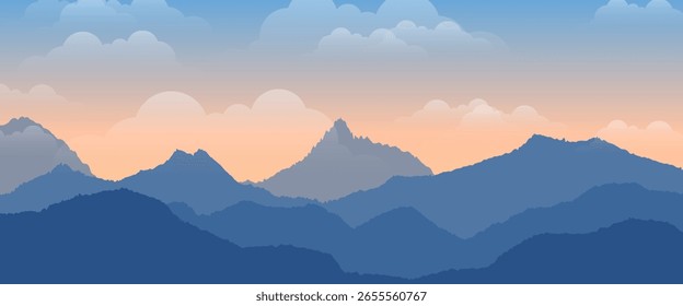 Flat minimalistic design. Panorama of a mountain landscape. Easy to change colors. sunrise background. sunset background.