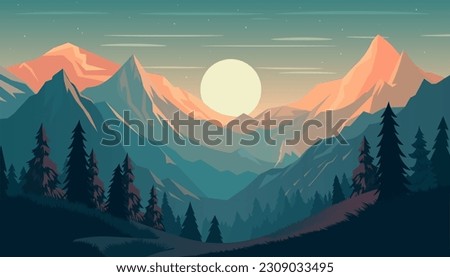 Flat minimalistic design. Panorama of a mountain landscape. Easy to change colors.