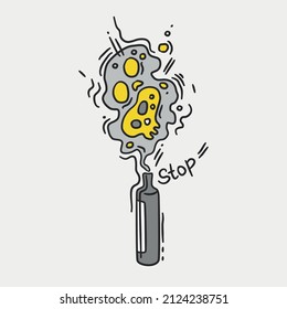 Flat minimalistic illustration of electronic cigarette with smoke and skull. Health hazards of smoking. Doodle style. Stop smoking and vaping. Doodle style.
