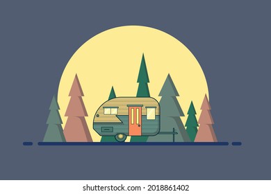 Flat Minimalistic Illustration Of A House On Wheels In The Woods. Concept Of Recreation And Travel. Empty Place For Text.