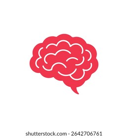 Flat, minimalistic illustration shows stylized red brain with rounded sections and white outline. Symbolizes intelligence, memory, cognitive function, or neurological health on white background.
