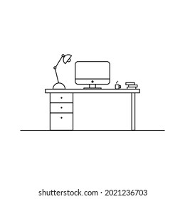 Flat minimalistic image with black lines on a white background. Office workspace.