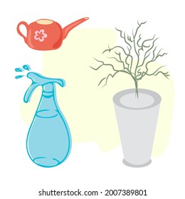 Flat minimalistic interior item: watering can, potted plant, sprayer.