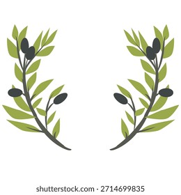 Rama de olivo minimalista plana con hojas y aceitunas. Elementos botánicos de Vector limpios y modernos en un estilo plano simple, perfecto para la marca, empaques, logotipos, invitaciones, diseño de bodas