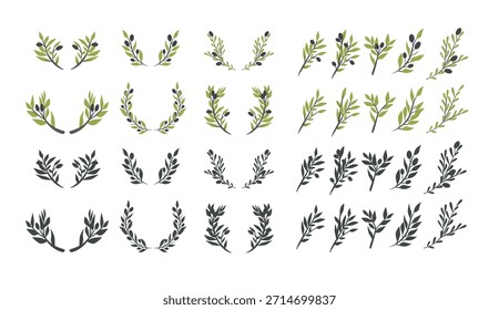 Rama de olivo minimalista plana con hojas y aceitunas. Elementos botánicos de Vector limpios y modernos en un estilo plano simple, perfecto para la marca, empaques, logotipos, invitaciones, diseño de bodas