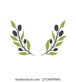 Rama de olivo minimalista plana con hojas y aceitunas. Elementos botánicos de Vector limpios y modernos en un estilo plano simple, perfecto para la marca, empaques, logotipos, invitaciones, diseño de bodas