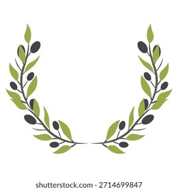Flat minimalistic olive branch set with leaves and olives. Clean, modern vector botanical elements in a simple flat style, perfect for branding, packaging, logos, invitations, wedding design