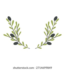 Flacher minimalistischer Olivenzweig mit Blättern und Oliven. Saubere, moderne Vektor botanische Elemente in einem einfachen flachen Stil, perfekt für Branding, Verpackung, Logos, Einladungen, Hochzeitsdesign