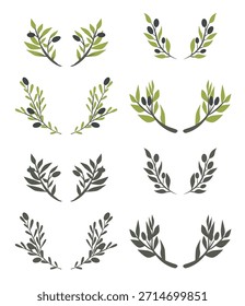 Flacher minimalistischer Olivenzweig mit Blättern und Oliven. Saubere, moderne Vektor botanische Elemente in einem einfachen flachen Stil, perfekt für Branding, Verpackung, Logos, Einladungen, Hochzeitsdesign