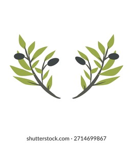 Rama de olivo minimalista plana con hojas y aceitunas. Elementos botánicos de Vector limpios y modernos en un estilo plano simple, perfecto para la marca, empaques, logotipos, invitaciones, diseño de bodas