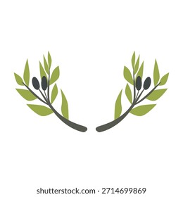 Flat minimalistic olive branch set with leaves and olives. Clean, modern vector botanical elements in a simple flat style, perfect for branding, packaging, logos, invitations, wedding design