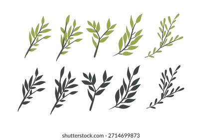 Flat minimalistic olive branch set with leaves and olives. Clean, modern vector botanical elements in a simple flat style, perfect for branding, packaging, logos, invitations, wedding design