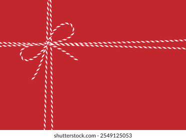 Flat minimalistic red background, gift tied up with cotton red rope bakers twine bow and ribbons. Packing string for present, pastry boxes for New Year, Christmas, Birthday. Vector EPS10