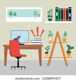  Flat minimalistic style Creative, modern  freelancer office workplace or workspace computer desk in room Illustration.