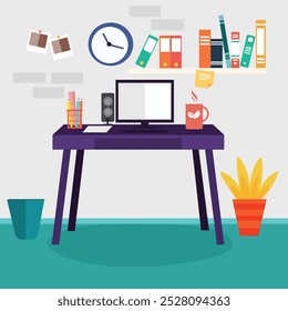  Flat minimalistic style Creative, modern  freelancer office workplace or workspace computer desk in room Illustration.