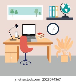  Flat minimalistic style Creative, modern  freelancer office workplace or workspace computer desk in room Illustration.
