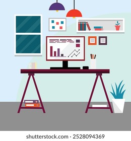  Flat minimalistic style Creative, modern  freelancer office workplace or workspace computer desk in room Illustration.