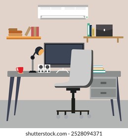  Flat minimalistic style Creative, modern  freelancer office workplace or workspace computer desk in room Illustration.