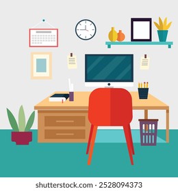  Estilo minimalista plano Creativo, moderno freelancer lugar de trabajo de oficina o espacio de trabajo escritorio de la computadora en la habitación.