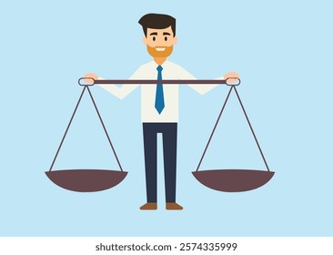 Flat minimalistic style illustration of  Businessman compares scales to measure integrity and ethical decisions representing pros and cons .