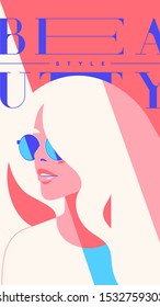 Flat minimalistic vector fashion portrait of a blondie model girl with sunglasses. Retro trendy pink, copal color. social media instagram stories template. Vintage cityfashion. Hairstyle