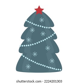 flat minimalistic vector illustration of christmas tree with star, decorations and snowflakes